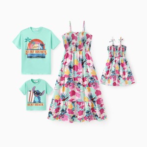 PATPAT Family Matching Outfits Disney Stitch Tropical Floral Print Smocked Camisole Dresses and Cotton Graphic T-Shirts for Beach Vacation - 1 of 4