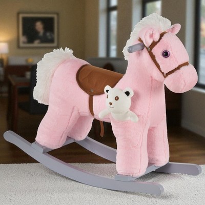 Mshliw Kids Plush Rocking Horse Ride-On Chair with Soft Toy Bear, Realistic Sounds, Wooden Base & Seat for Toddlers Ages 3+, Halloween gift