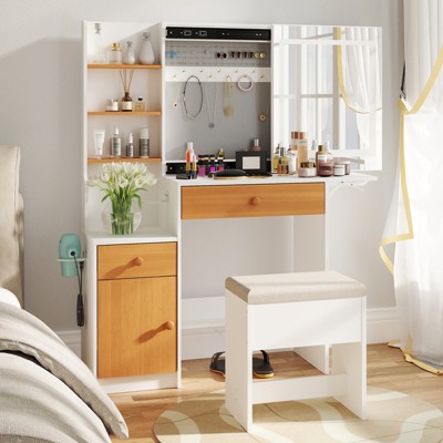 Skyzoo Vanity Table with LED Mirror, Stool, Hidden Jewelry Storage, Fold-Out Panel, Hair Dryer Holder, and Outlet, White