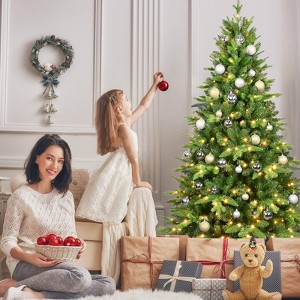5ft Pre-Lit Christmas Tree with Warm White LED Lights, 850 Tips,PE+PVC Hinged Tree with Metal Stand, Full Artificial Xmas Tree for Holiday Decoration - 1 of 1