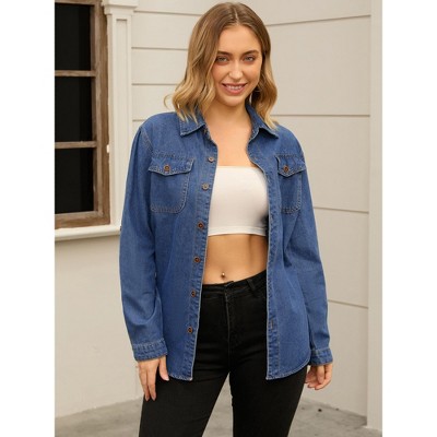 INSPIRE CHIC Women's Long Sleeve Button Down Turndown Collar Jean Denim Jacket with Pocket Blue Small — фото 2