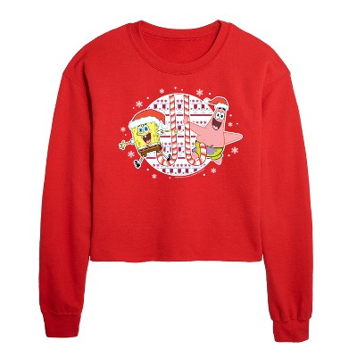 SpongeBob SquarePants Spongebob Patrick Candy Canes Cropped Long Sleeve Crew Neck Sweatshirt - Red - X-Large