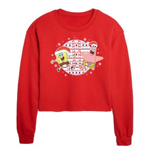 SpongeBob SquarePants Spongebob Patrick Candy Canes Cropped Long Sleeve Crew Neck Sweatshirt - Red - X-Large - 1 of 4