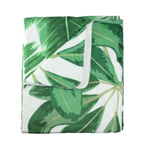 Northlight 50" x 60" Tropical Leaves Plush Fleece Throw Blanket - White/Green - 1 of 3