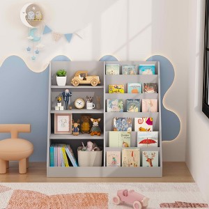 MAYEERTY Bookshelf and Toy Storage Organizer, 4 Tier Wooden Book Shelf with Bookcase Display Stand in Kids Room Playroom Gray - 1 of 4