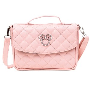 Disney Vegan Leather Fold Over Cross Body Bag for Women, Minnie Mouse Ears and Bow Icon with Mini Faux Pearls, Pink - 1 of 4