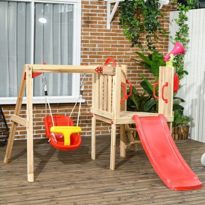 VYNXARIA 4 in 1 Wooden Swing Set Outdoor Playset with Baby Swing Seat, Toddler Slide, Captain's Wheel, Kids Backyard Playground Equipment, Ages 1.5-4