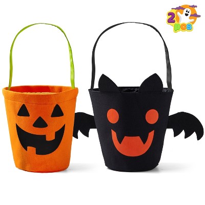 Joyfy 2 pcs Halloween Orange Pumpkin Candy Bucket, Black Reusable Bat Trick or Treat Goody Tote Bags, Portable Felt Baskets for Kids Party Favors
