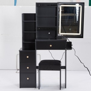 FONTOI Bedside Cabinet Vanity Table&Cushioned Stool with Hair Dryer Bracket, Dresser with Mirror, Black, 12.6"*50.4"*29.2" - 1 of 4