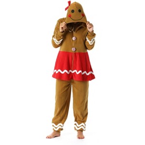 #followme Womens One Piece Christmas Themed Adult Bodysuit Microfleece Hoody Winter Pajamas - 1 of 4