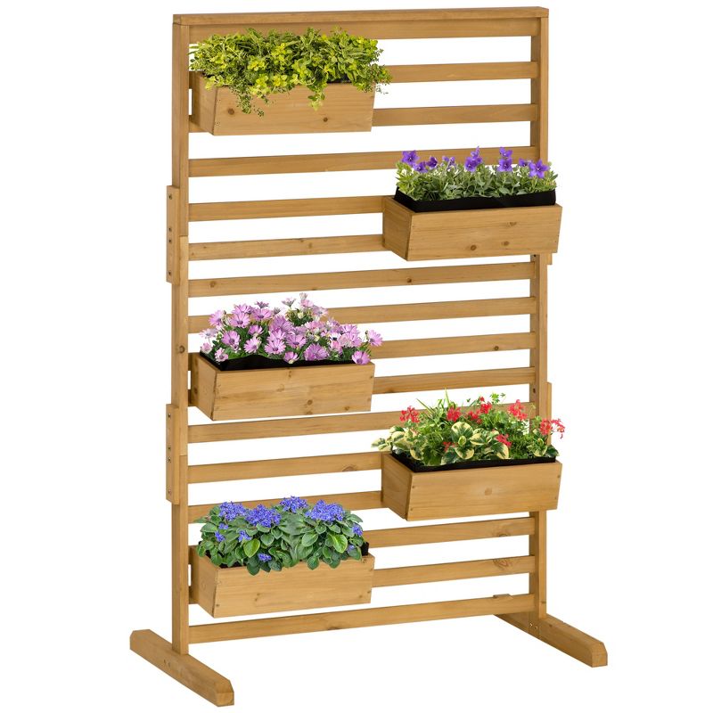 Outsunny Outdoor Plant Stand with 5 Hanging Flower Boxes and Slatted Trellis for Climbing Plants, Freestanding Wooden Lattice, Natural, 1 of 7