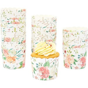 Sparkle and Bash 50 Pack Floral Cupcake Wrappers for Wedding, Watercolor Flower Paper Baking Cups and Liners for Tea Party- 2.25x2.75 In - 1 of 4