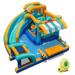Costway Inflatable Water Park with Market Stand Climbing Wall Splash Pool Blower - 1 of 4