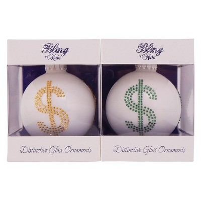 Christmas by Krebs 2ct Porcelain White Assorted Rhinestone Dollar Sign Christmas Ball Ornaments 3.25" (80mm)