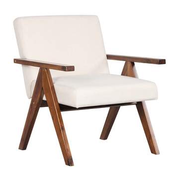 Costway 1 PCS Modern Accent Chair Linen Fabric Armchair with Solid Acacia Wood Frame Beige/Grey