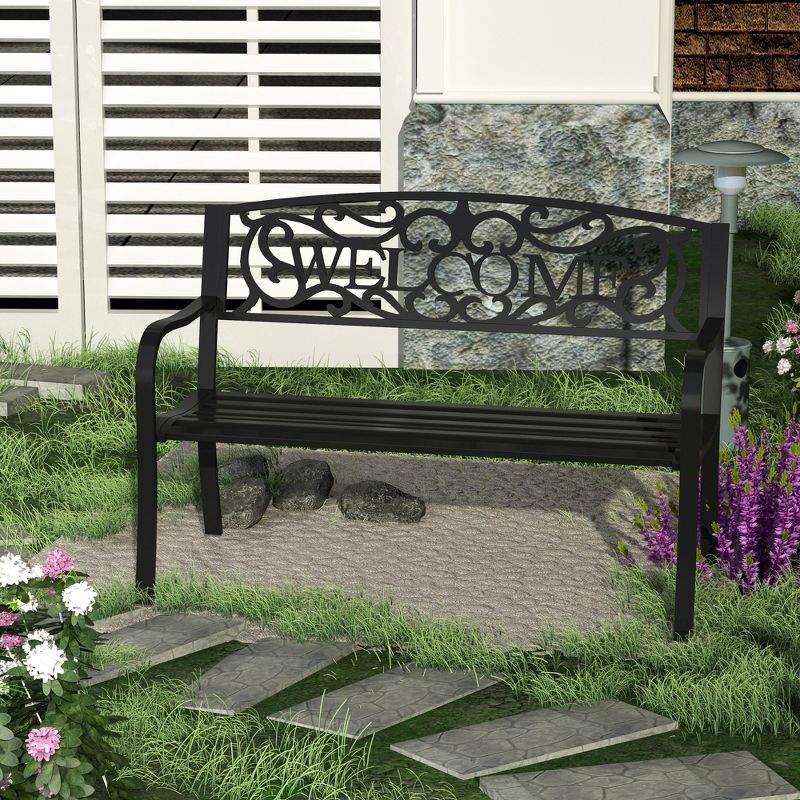 Outsunny 50" Outdoor Metal Welcome Bench, Powder Coated Cast Iron Sign & Steel Frame, 2 Person Bench with Antique Vine Motifs & Slatted Seat, Black, 2 of 8