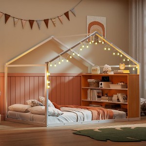 Twin/Full Size Metal House Bed Frame with Shelves and Lights - ModernLuxe - 1 of 4