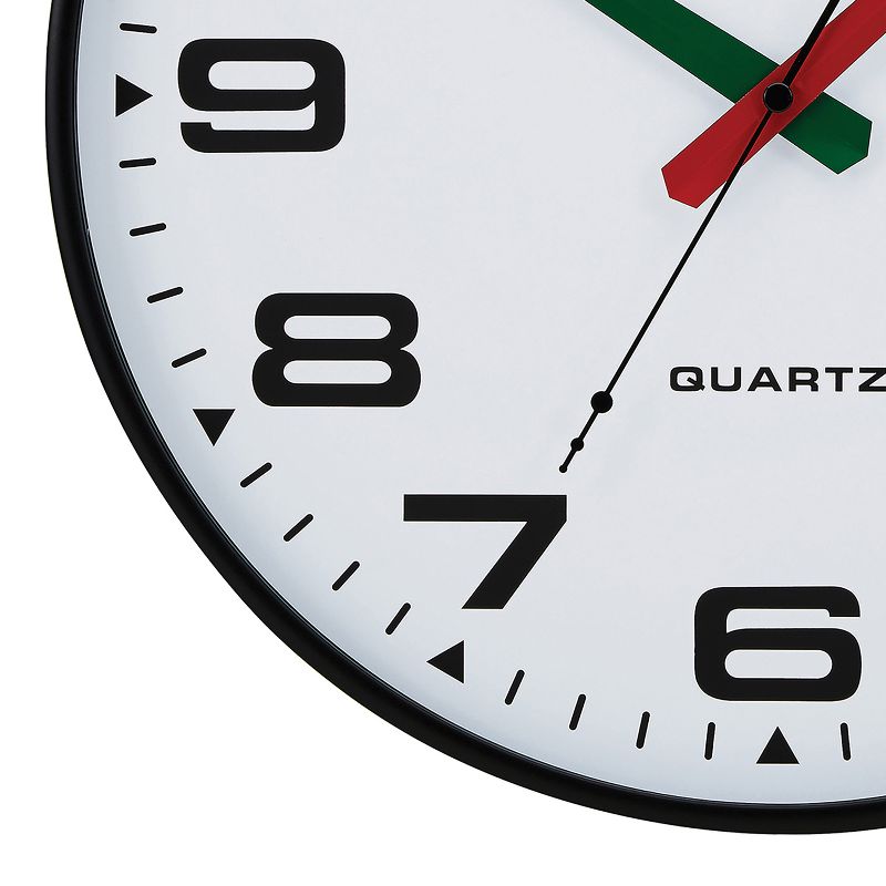 Tempus 13-In. Quartz Black and White Silent-Sweep Wall Clock with Black, Green, and Red Hands, and Ultra-Slim Black Rim, 3 of 6