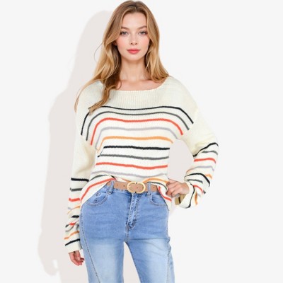 Anna-Kaci Women's Long Sleeve Striped Knit Sweater with Boat Neckline