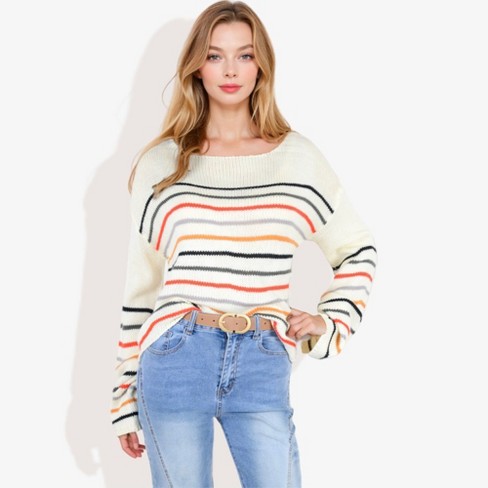 Anna-Kaci Women's Long Sleeve Knit Sweater with Bold Horizontal Stripes and Ribbed Trim