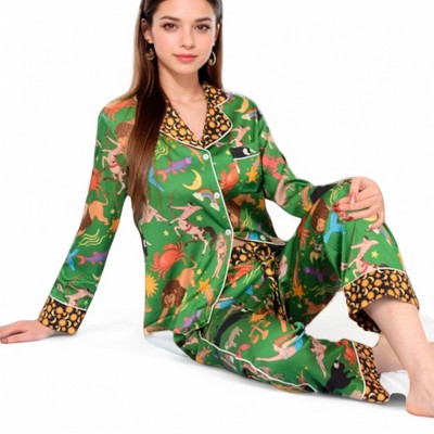 Anna-Kaci Lounge Lounge Women's Satin Zodiac Print Pajama Set with Button-Up Top and Relaxed Fit Pants- Green,Small