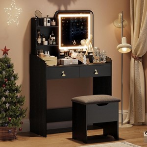Makeup Vanity Desk Set with Lighted Mirror and Charging Station,2 Drawers,4 Open Shelves,Cushioned Storage Stool,Compact Dressing Table for Bedroom - 1 of 4