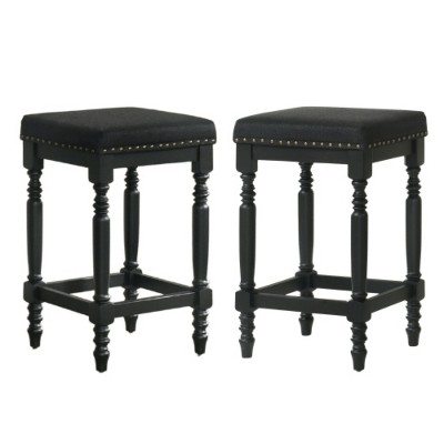 Rustic Wood Bar Stools with Upholstered Seats, Set of 2 - 26" Bar Stools