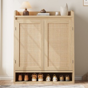 Natural Oak Shoe Cabinet with 2 Rattan Doors, Shoe Storage Cabinet with Adjustable Shelves, Wooden Shoe Organizer for Entryway Hallway Living Room - 1 of 4