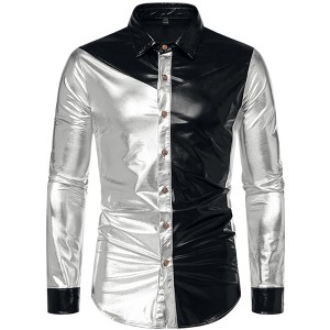 Lars Amadeus Men's Button Down Party Disco Color Block Shiny Shirts - 1 of 4