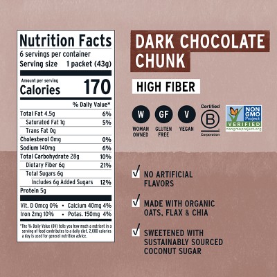 purely elizabeth. Dark Chocolate Chunk Superfood Oatmeal with Prebiotic Fiber - 9.12oz/6ct