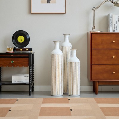 Grungis Set of 3 White Geometric Metal Floor Flower,Tall Decorative Vases with TEmbossed Pattern & Gold Finishes for Glam Home Decor,Gold+White