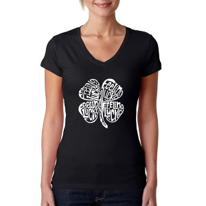 LA Pop Art Women's Word Art V-Neck T-Shirt - Feeling Lucky - 1 of 4