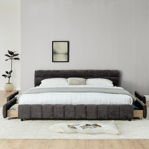 King Size Chenille Grounded Beds Frame with 4 Storage Drawers, Upholstered Floor Bed with Headboard and Solid Frame, No Box Spring Needed - 1 of 4