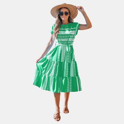 Women's Blue and White Geometric Patchwork Midi Dress - Cupshe
