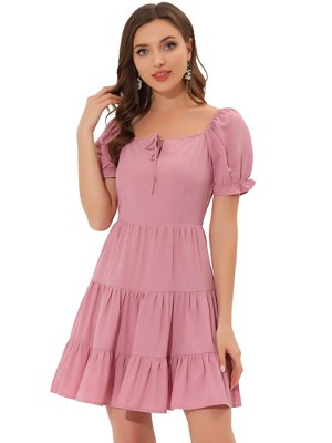 Allegra K Women's Square Neck Ruffle Sleeve Smocked Back Tiered Flowy Dress