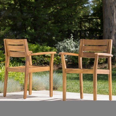 2-Piece Acacia Wood Patio Dining Chairs, Weather-Resistant Outdoor Armchairs for Garden, Backyard, and Poolside, Teak Finish-Coolbibila