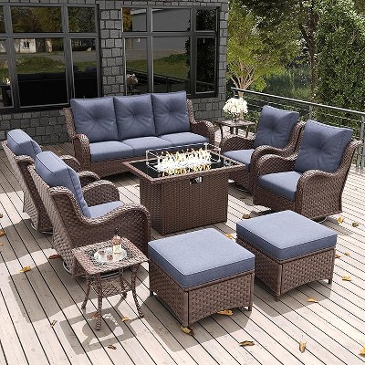 LayinSun Outdoor Patio Furniture Set, Brown Rattan Wicker Sectional Swivel Rocker Chairs Sets with Ottomans, Swivel Glider Chair