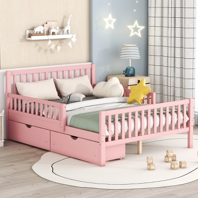 Wood Platform Bed with Guardrails and 2 Storage Drawers for Kids or Guest Room, No Box Spring Needed-Cuddlewood