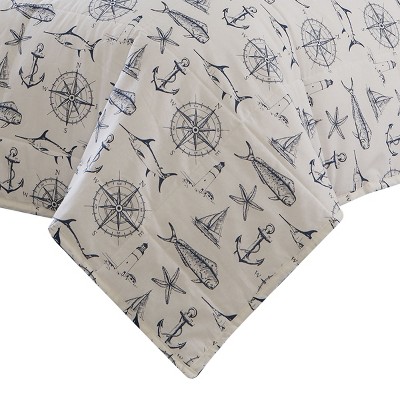 Nautical White and Navy Cotton Twin Bedspread Set