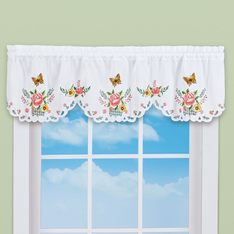 Collections Etc Embroidered Butterfly Bloom Scalloped Edge Window Valance White, 2 of 4