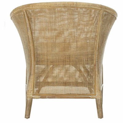 Transitional Whitewashed Rattan Armchair with Off-White Linen Cushion