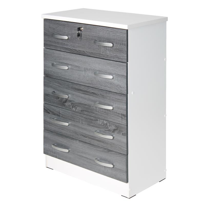 Better Home Products Cindy 5 Drawer Chest Wooden Dresser with Lock in White/Gray, 2 of 7