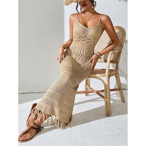 Women's Slim Maxi Slip Dress Sexy U-Neck Knit Fringe Sleeveless Long Hollow Dress Fashion Summer Beach Vacation - 1 of 4