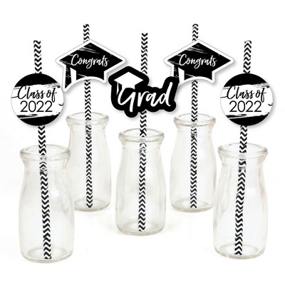 Big Dot of Happiness Black and White Grad - Best is Yet to Come - Paper Straw Decor - 2022 Grad Party Striped Decorative Straws - Set of 24