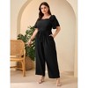 Women's Plus Size Wide Leg Floral Jumpsuits Casual Summer Outfits with Belt Bell Sleeve Smocked Black 4XL - 3 of 4