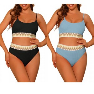 Elerevyo Women's High Waisted Ribbed Adjustable Spaghetti Straps Push Up Swimsuit Bathing Suits 2 Sets - 1 of 4