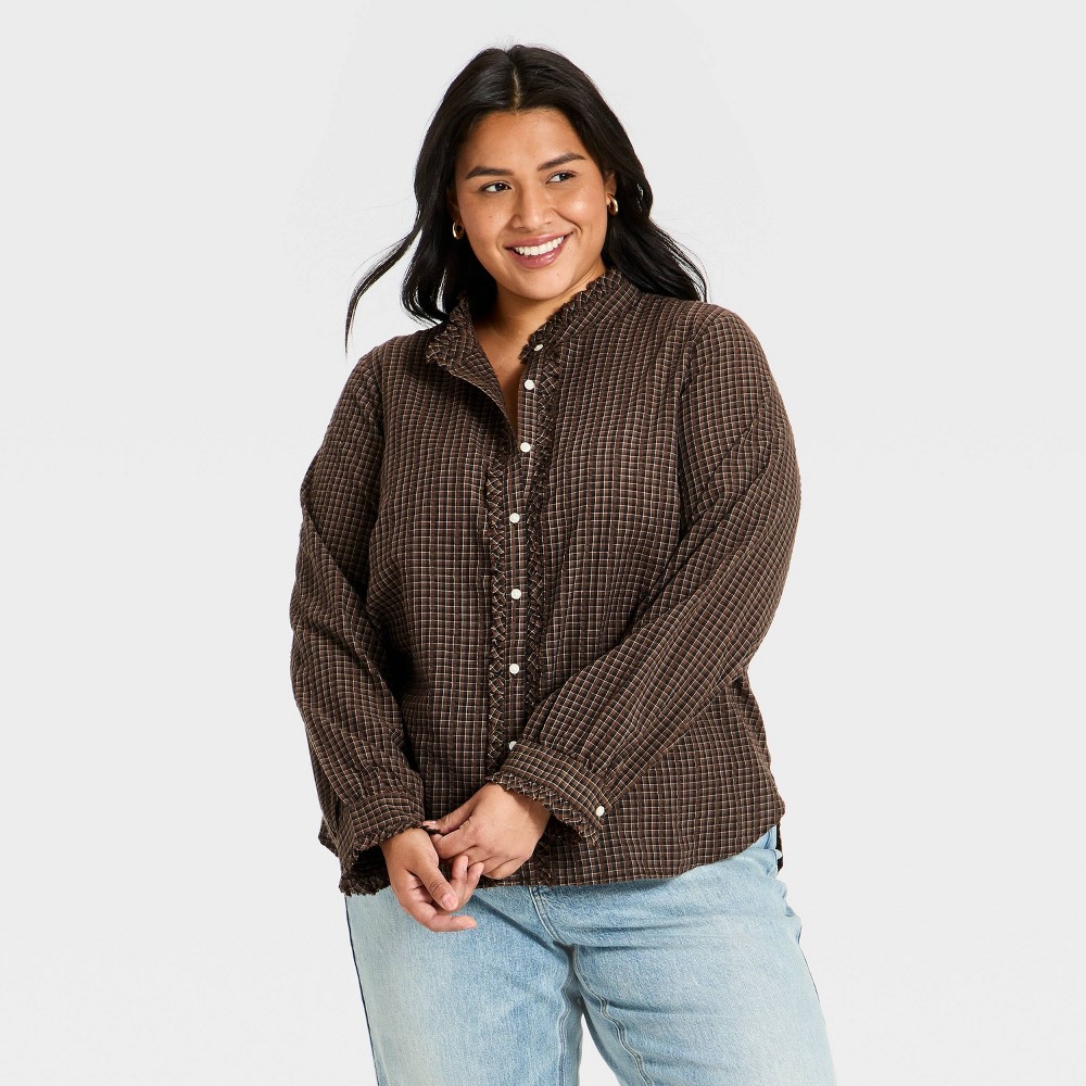 Women's Ruffle Long Sleeve Button-Up Ruff Collared Neck Blouse - Universal Thread™ Brown Plaid 1X