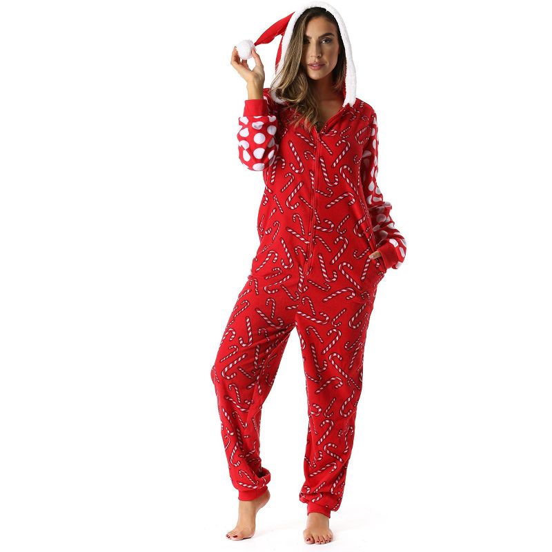 #followme Womens One Piece Christmas Themed Adult Onesie Microfleece Hoody Winter Pajamas, 1 of 5