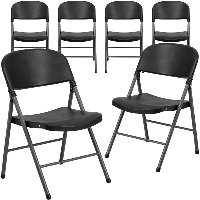 Emma and Oliver 6 Pack 330 lb. Capacity Black Plastic Folding Chair - Charcoal Frame - Event Chair, 1 of 12