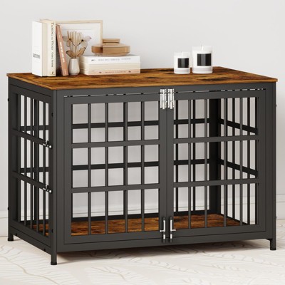 XBRIGH 26in Dog Crate with Lock & Double Door, Wooden Kennel End Table for Small/Medium Dogs, Aged Black